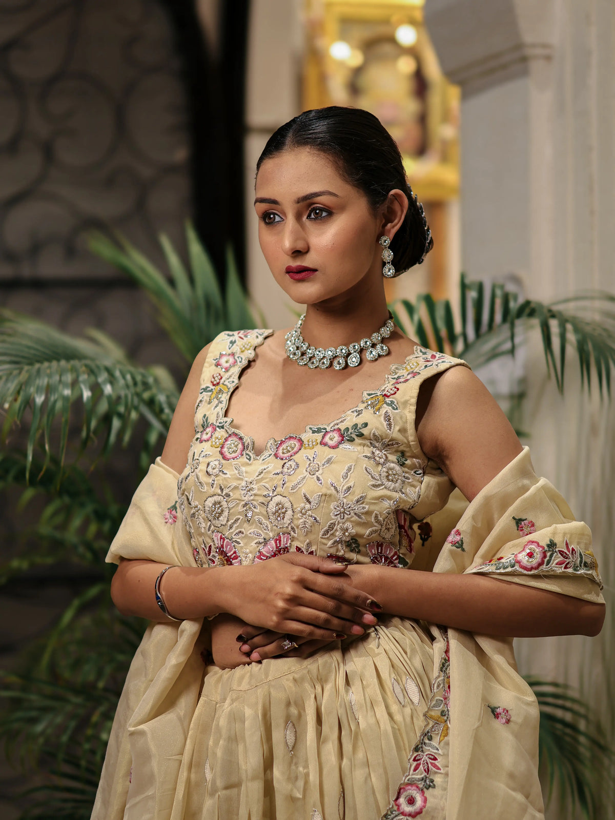 Beige Embroidered Lehenga Choli Set