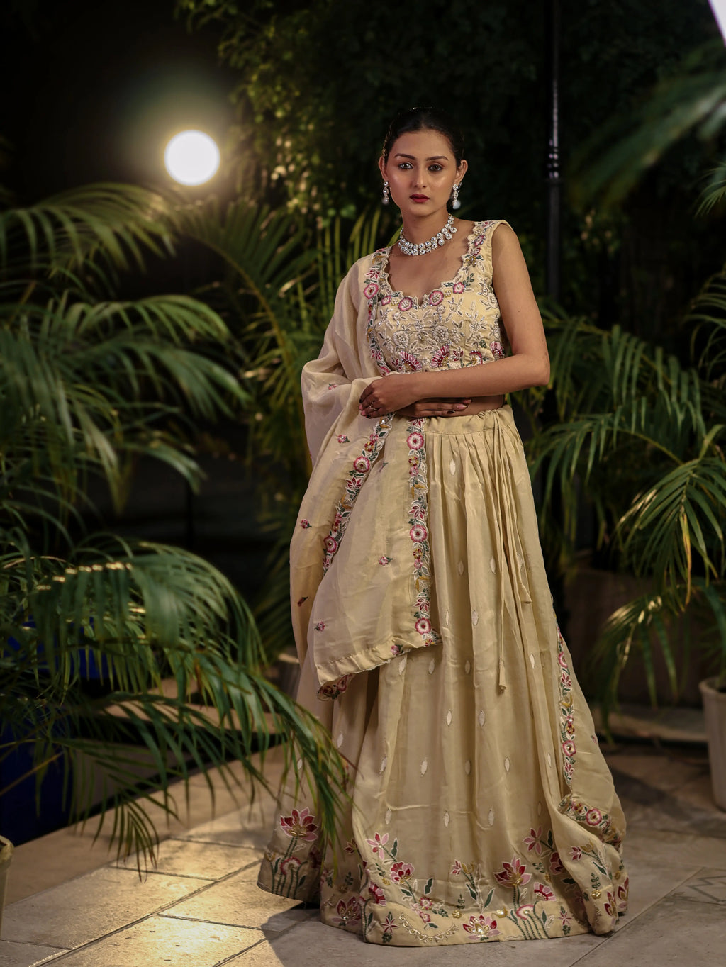 Beige Embroidered Lehenga Choli Set