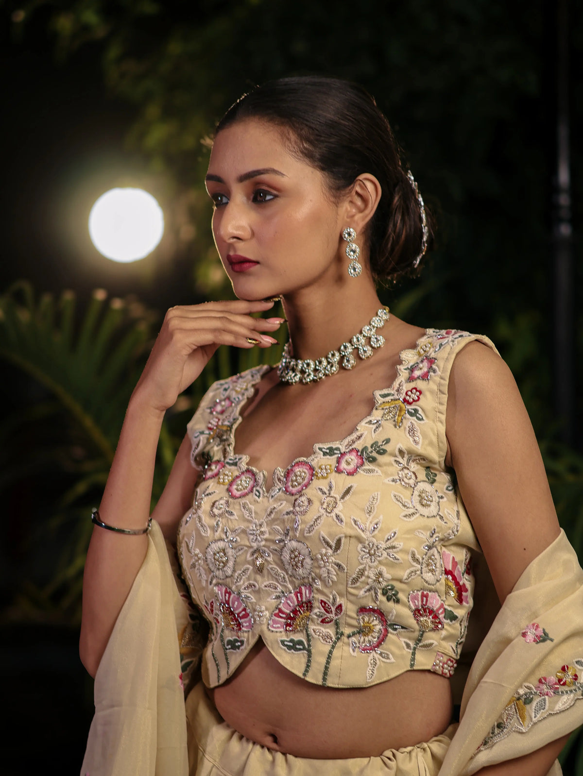 Beige Embroidered Lehenga Choli Set