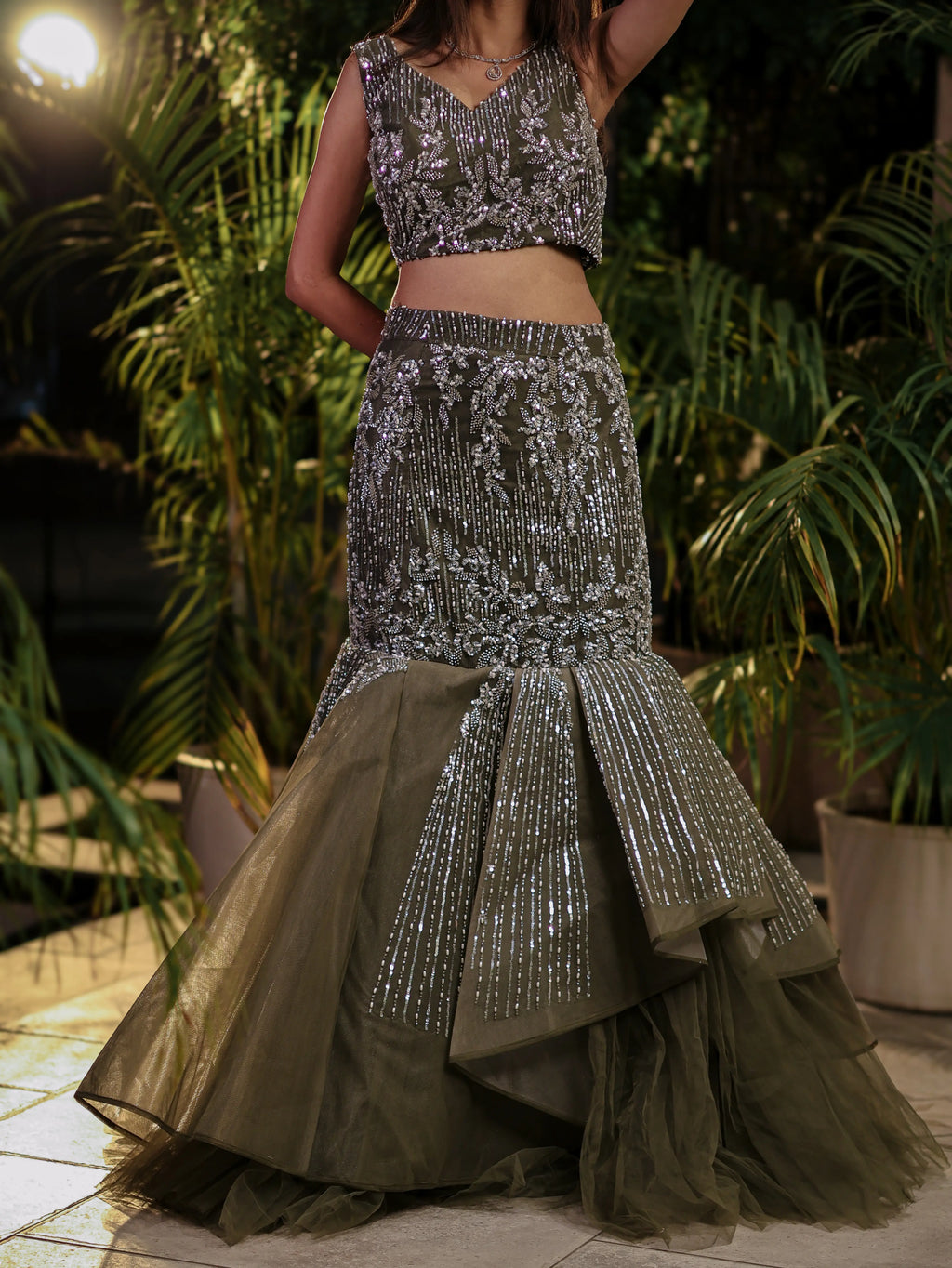 Olive Green Sequin Embellished Lehenga Choli Set