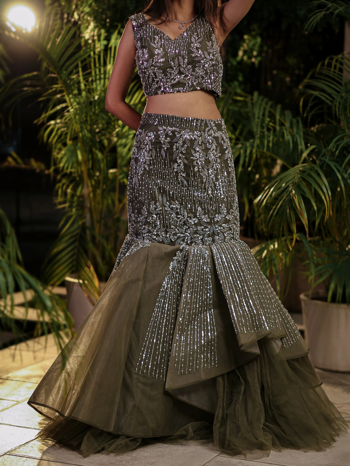 Olive Green Sequin Embellished Lehenga Choli Set