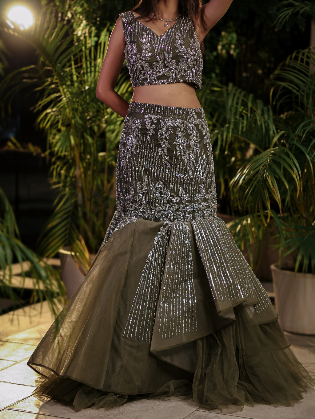 Olive Green Sequin Embellished Lehenga Choli Set