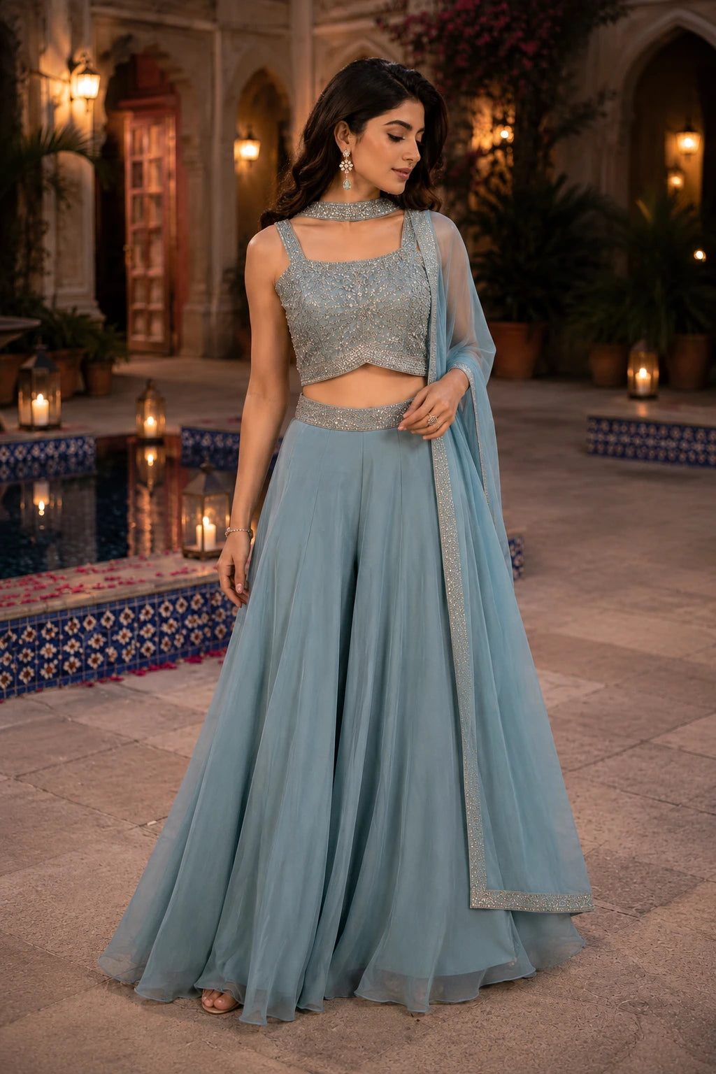 Ice Blue Sequin Embroidered Lehenga Set
