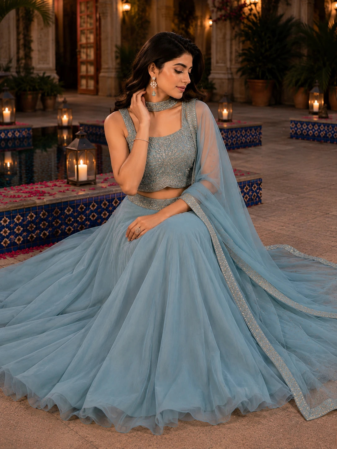 Ice Blue Sequin Embroidered Lehenga Set