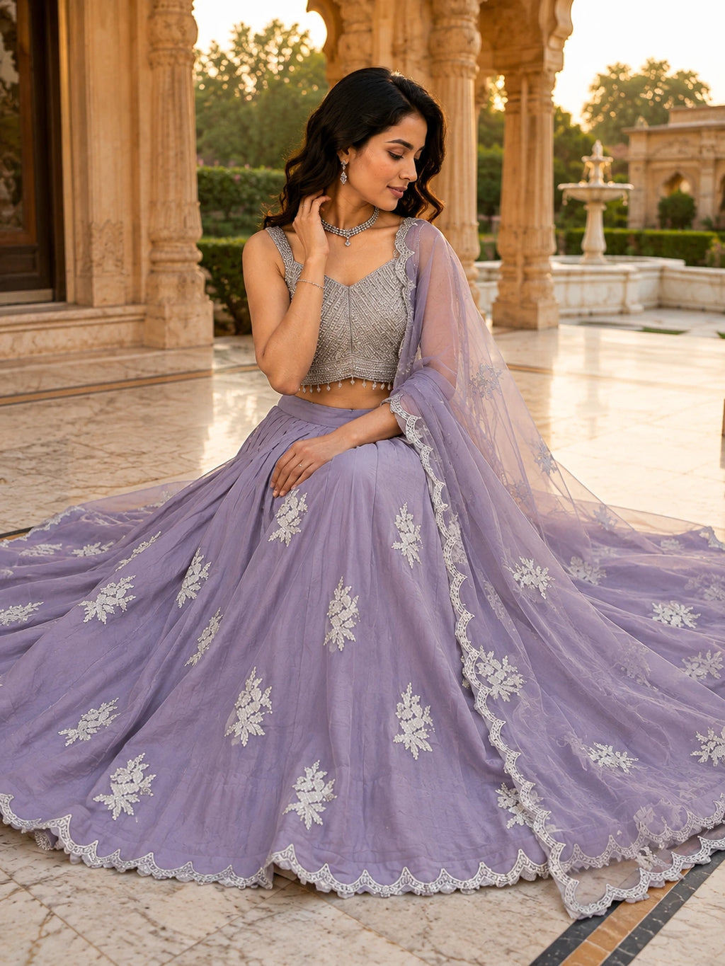 Lavender Floral Embroidered Lehenga Set