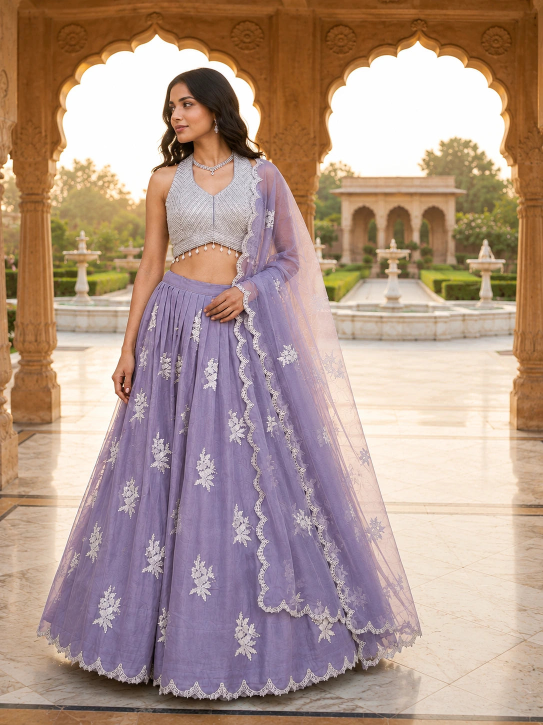 Lavender Floral Embroidered Lehenga Set