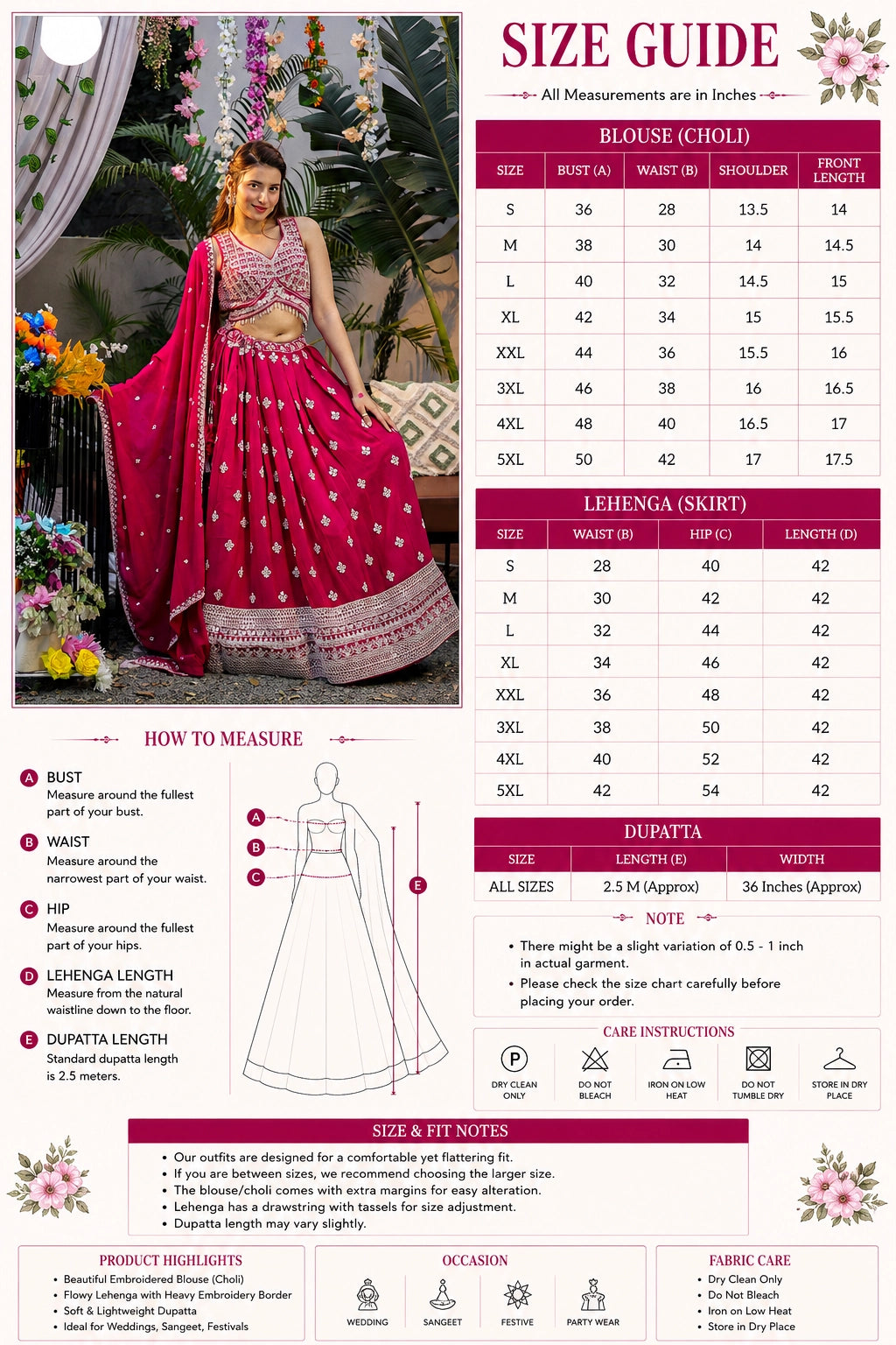 Magenta Pink Embroidered Lehenga Choli Set | Wedding Wear