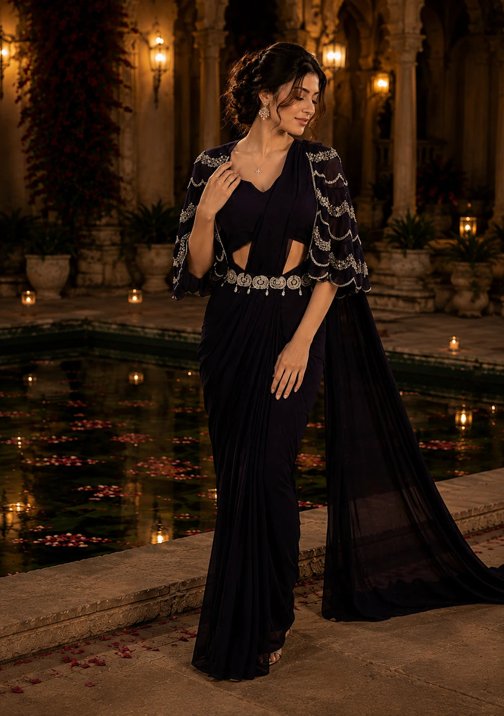 Midnight Black Embellished Saree Choli Set