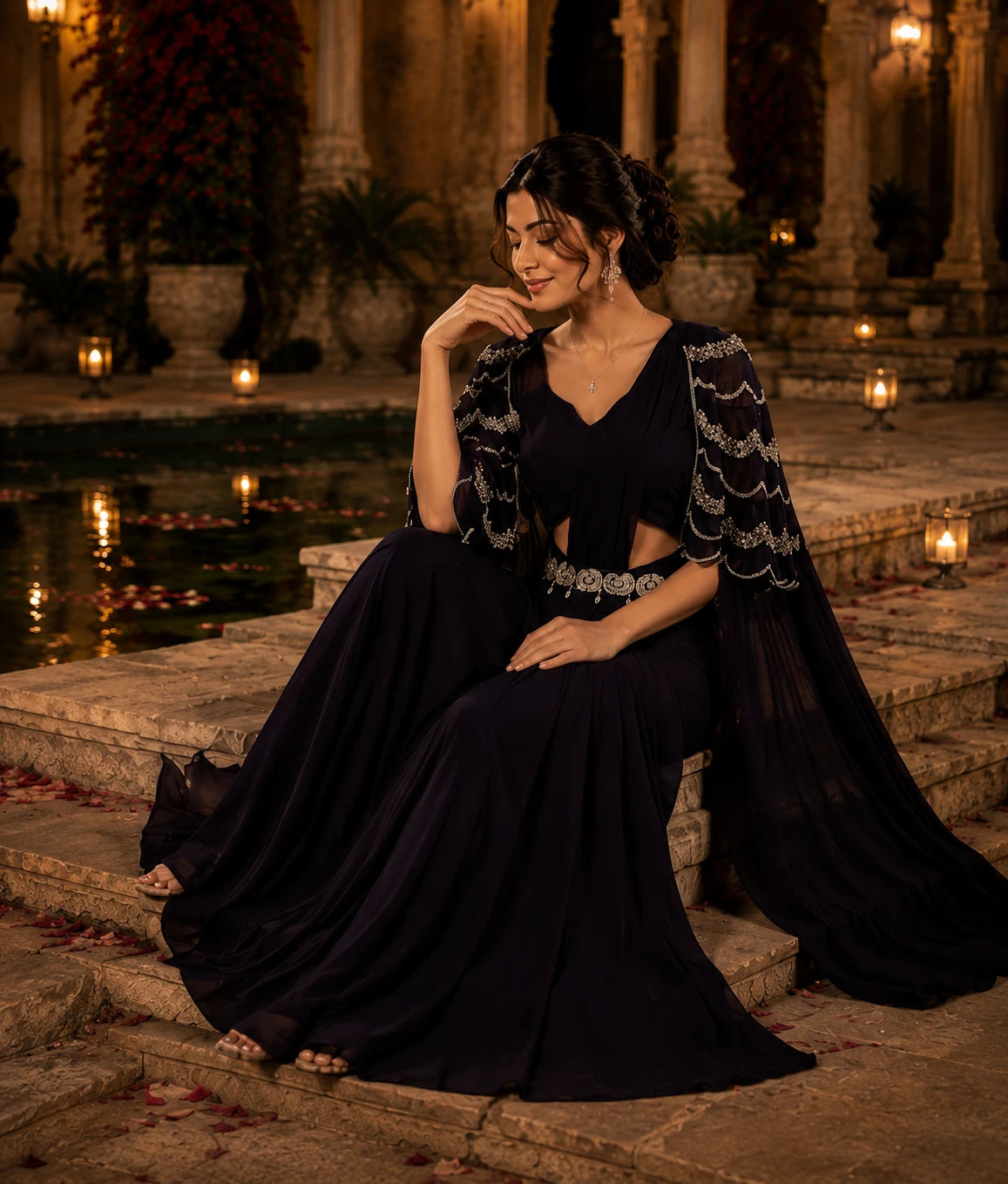 Midnight Black Embellished Saree Choli Set