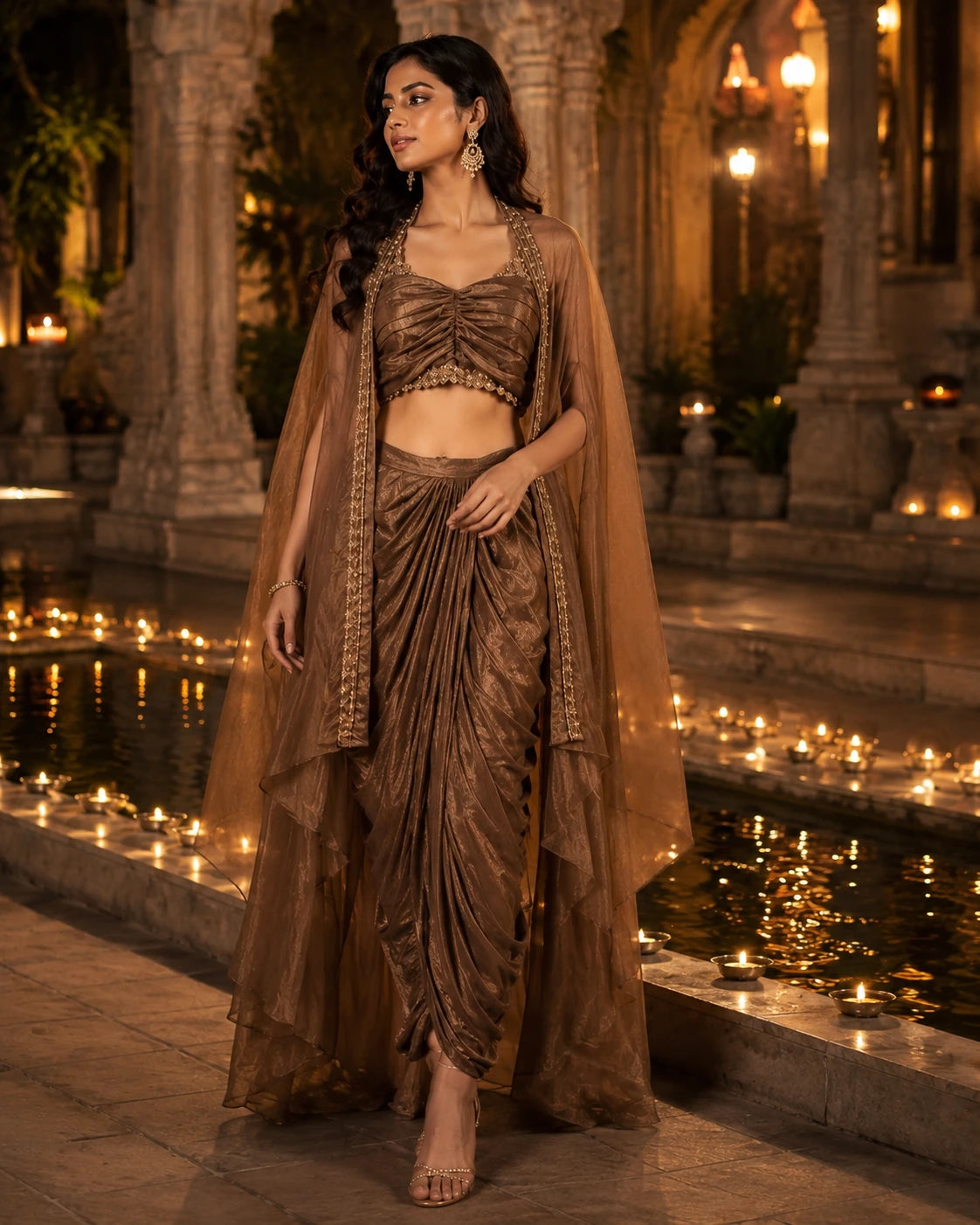Mocha Brown Draped Lehenga Choli Set