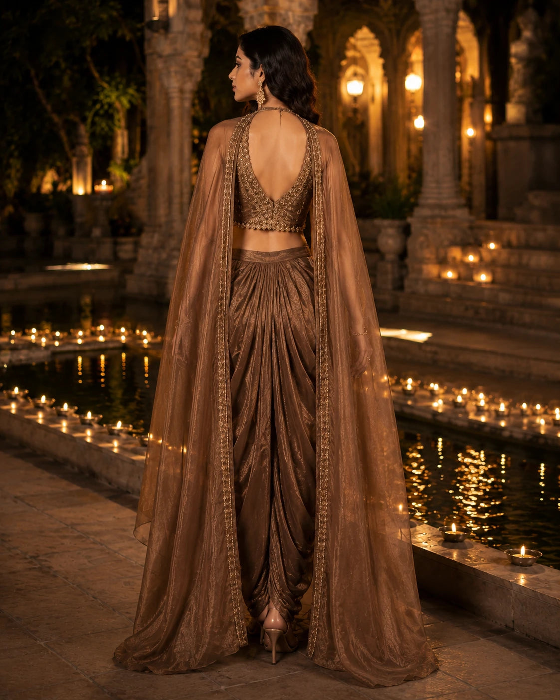 Mocha Brown Draped Lehenga Choli Set