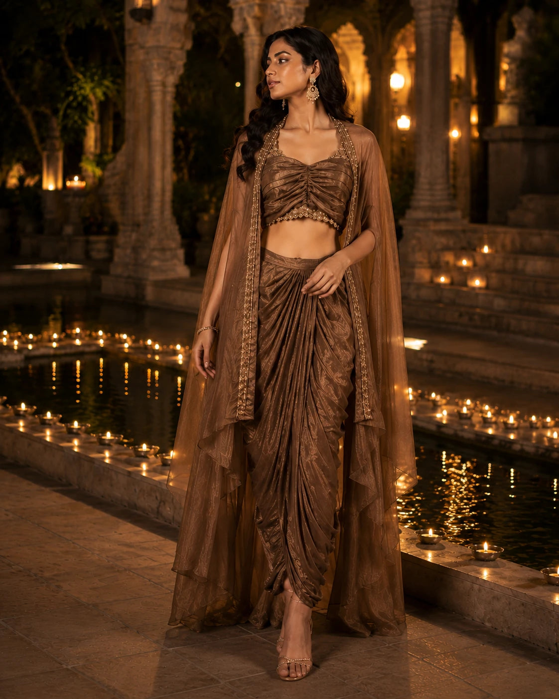 Mocha Brown Draped Lehenga Choli Set