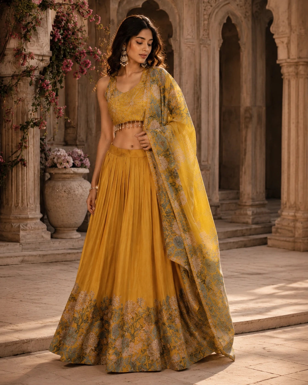 Mustard Yellow Floral Printed Lehenga Choli Set