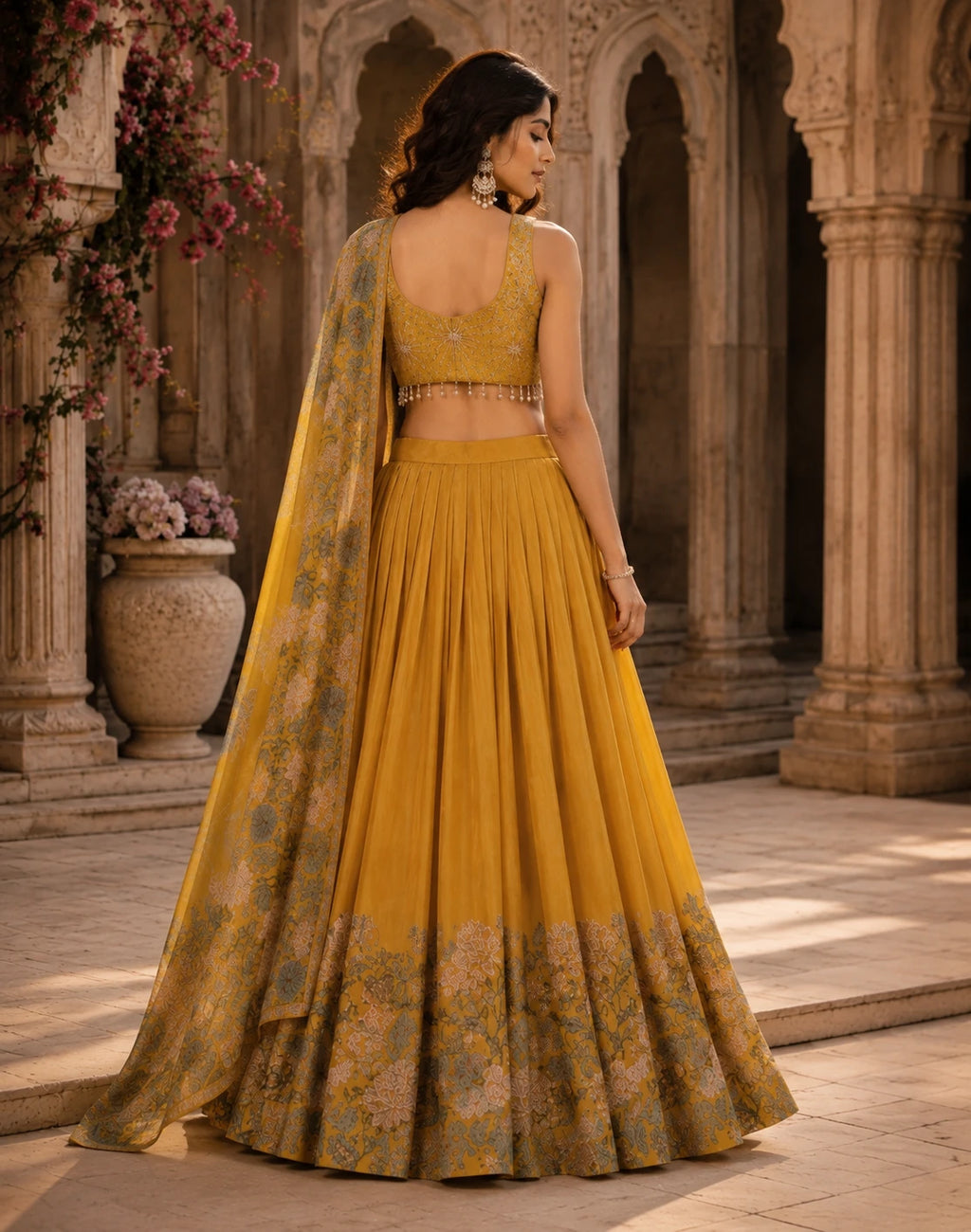 Mustard Yellow Floral Printed Lehenga Choli Set