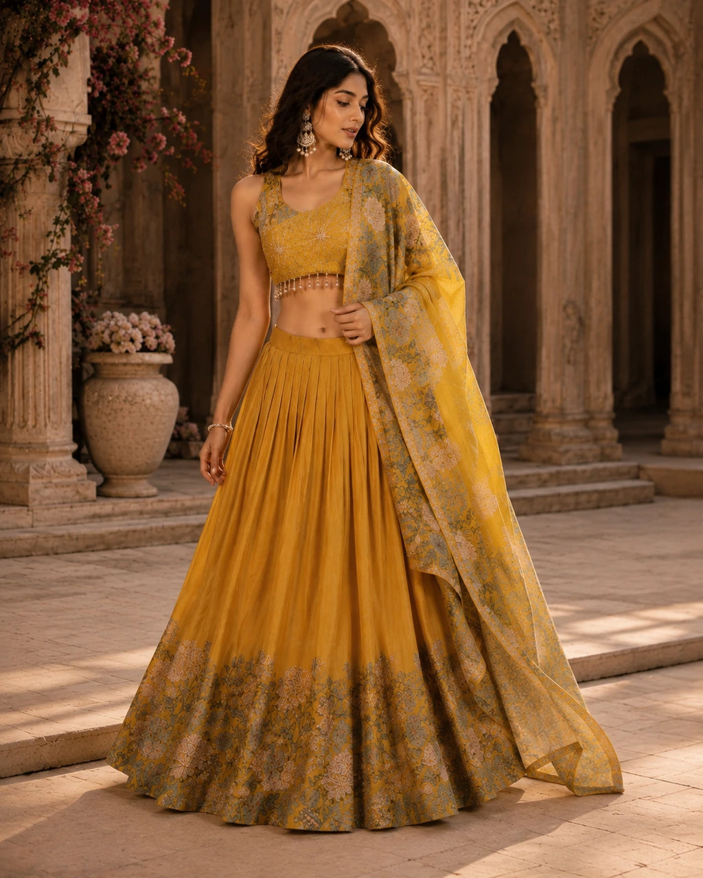 Mustard Yellow Floral Printed Lehenga Choli Set