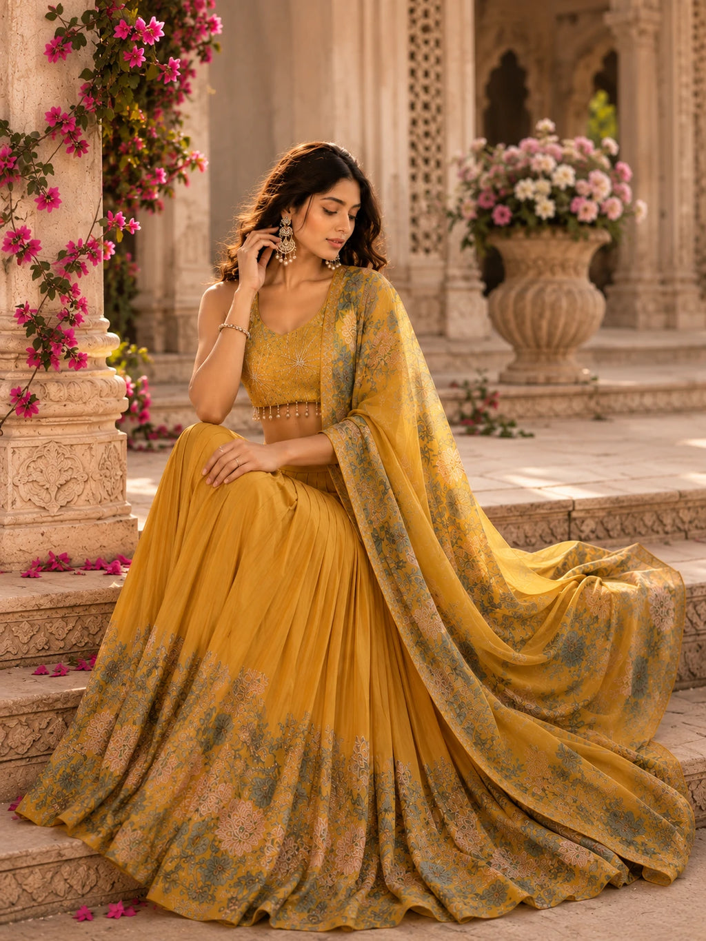 Mustard Yellow Floral Printed Lehenga Choli Set