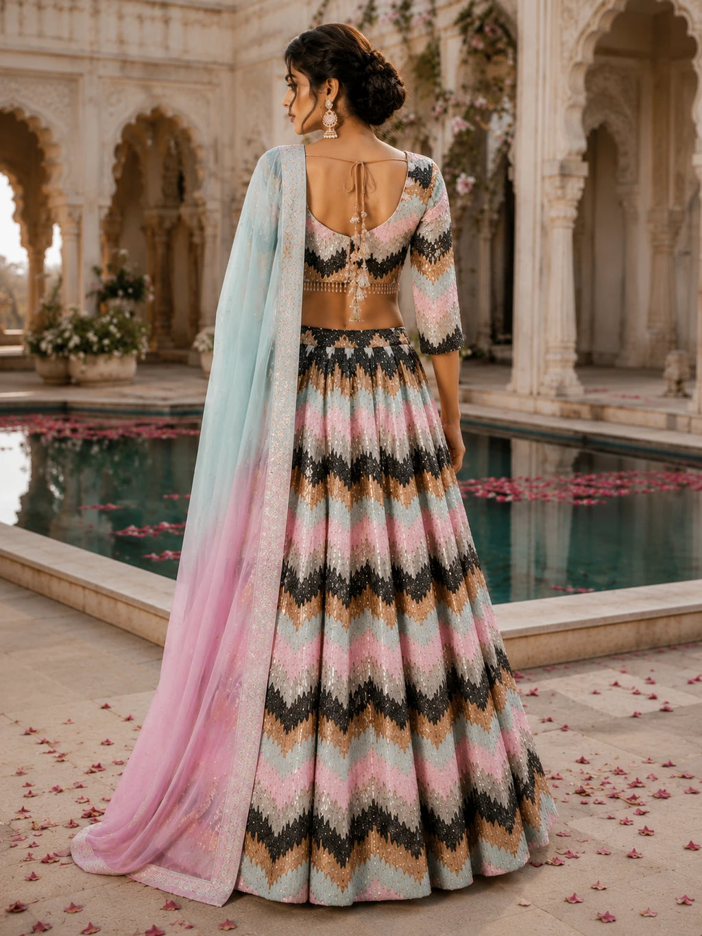 Pastel Multicolor Zigzag Embroidered Lehenga Choli Set