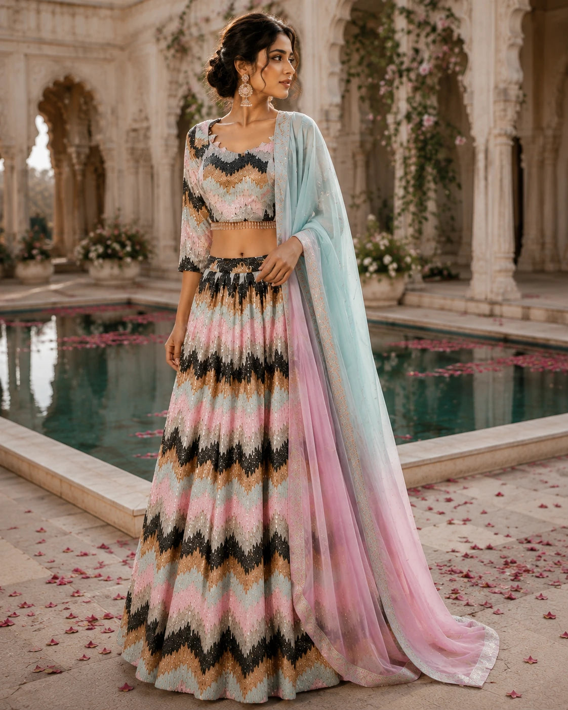 Pastel Multicolor Zigzag Embroidered Lehenga Choli Set