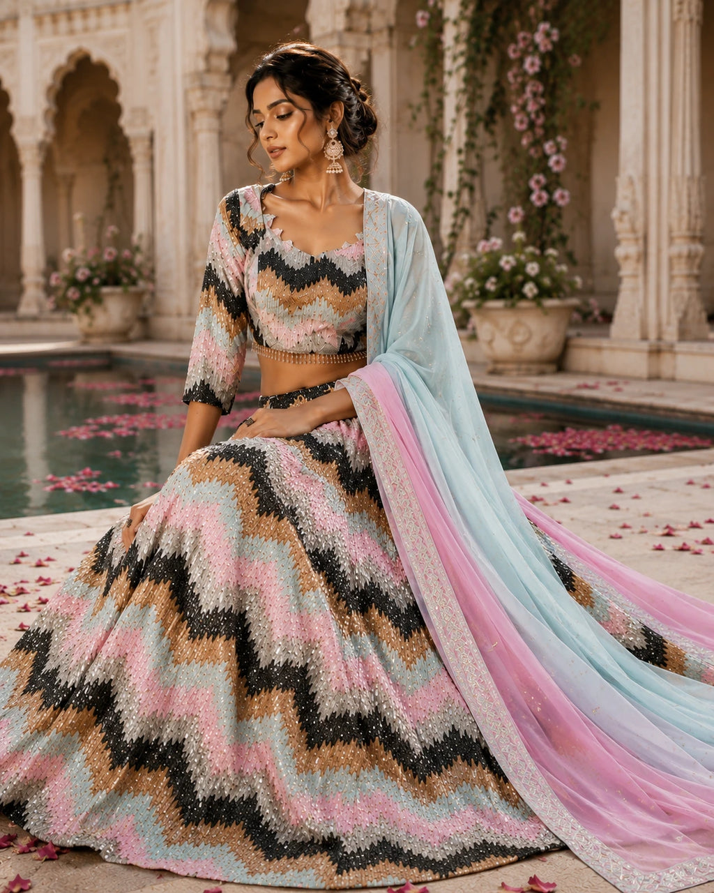 Pastel Multicolor Zigzag Embroidered Lehenga Choli Set