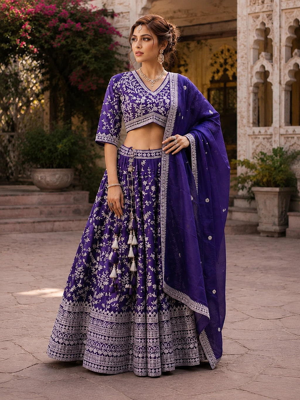 Royal Purple Floral Printed Lehenga Choli Set