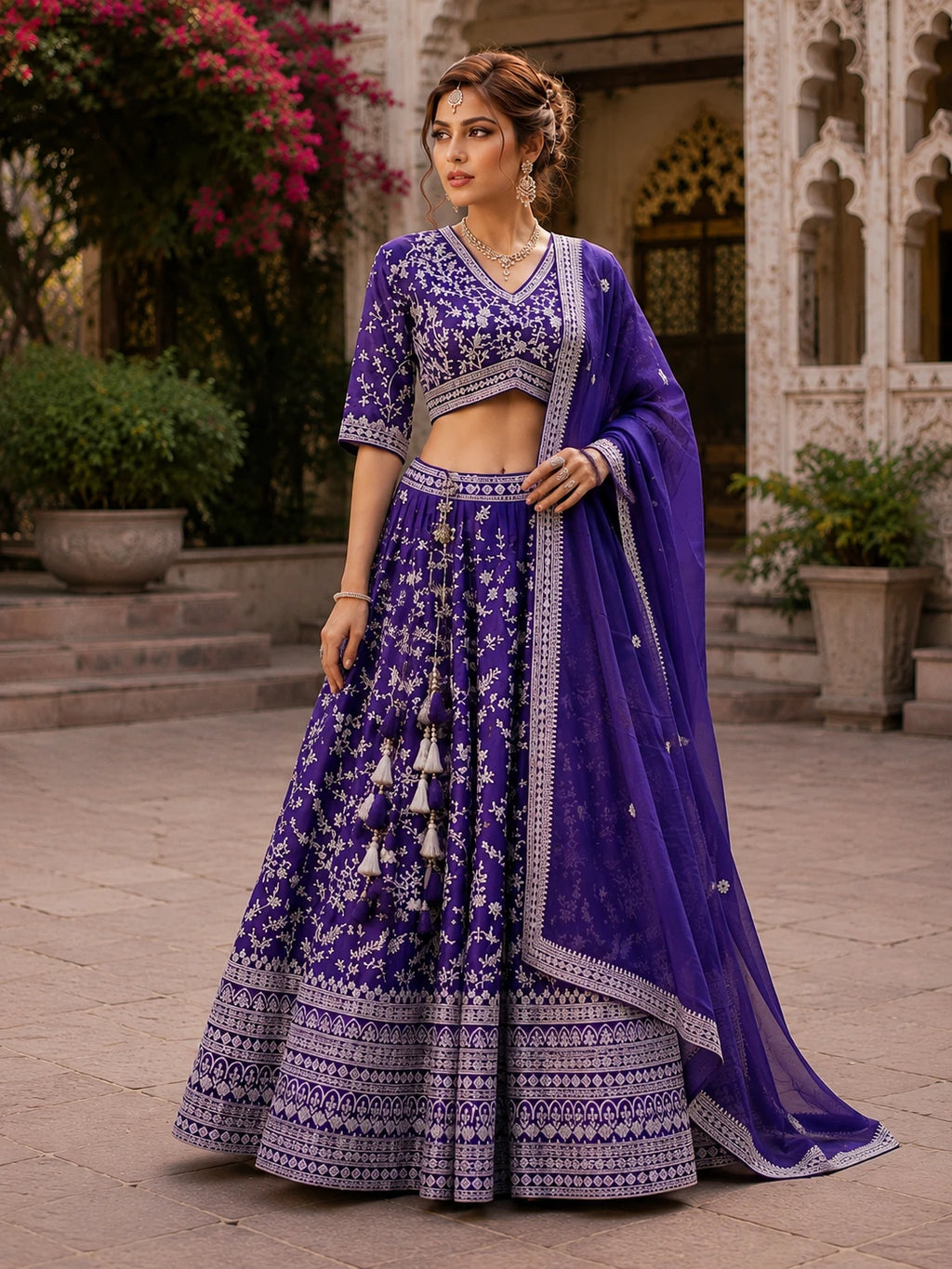 Royal Purple Floral Printed Lehenga Choli Set