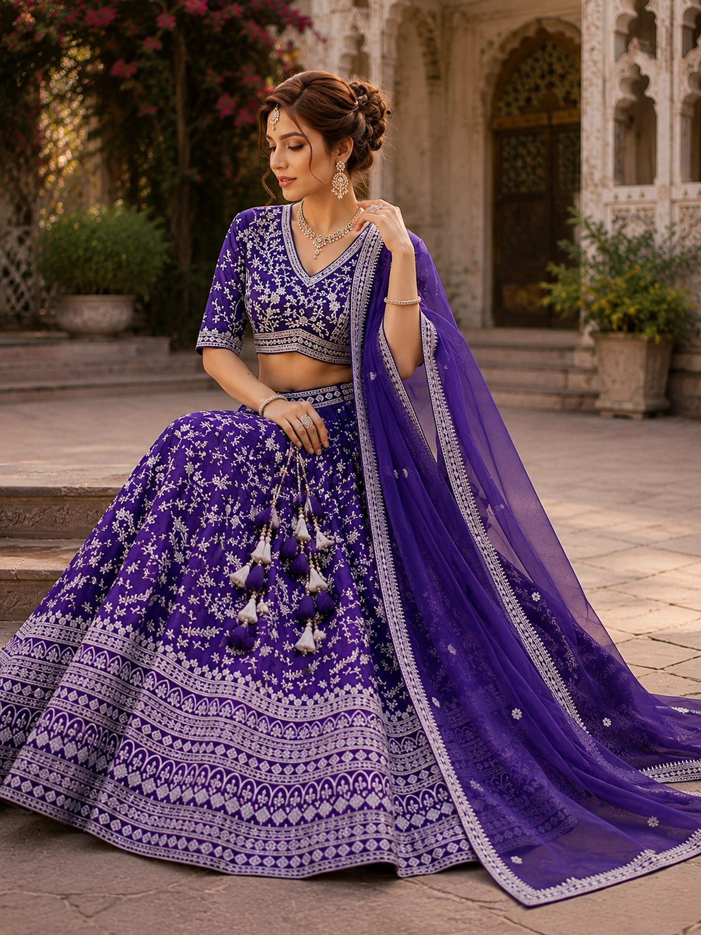 Royal Purple Floral Printed Lehenga Choli Set