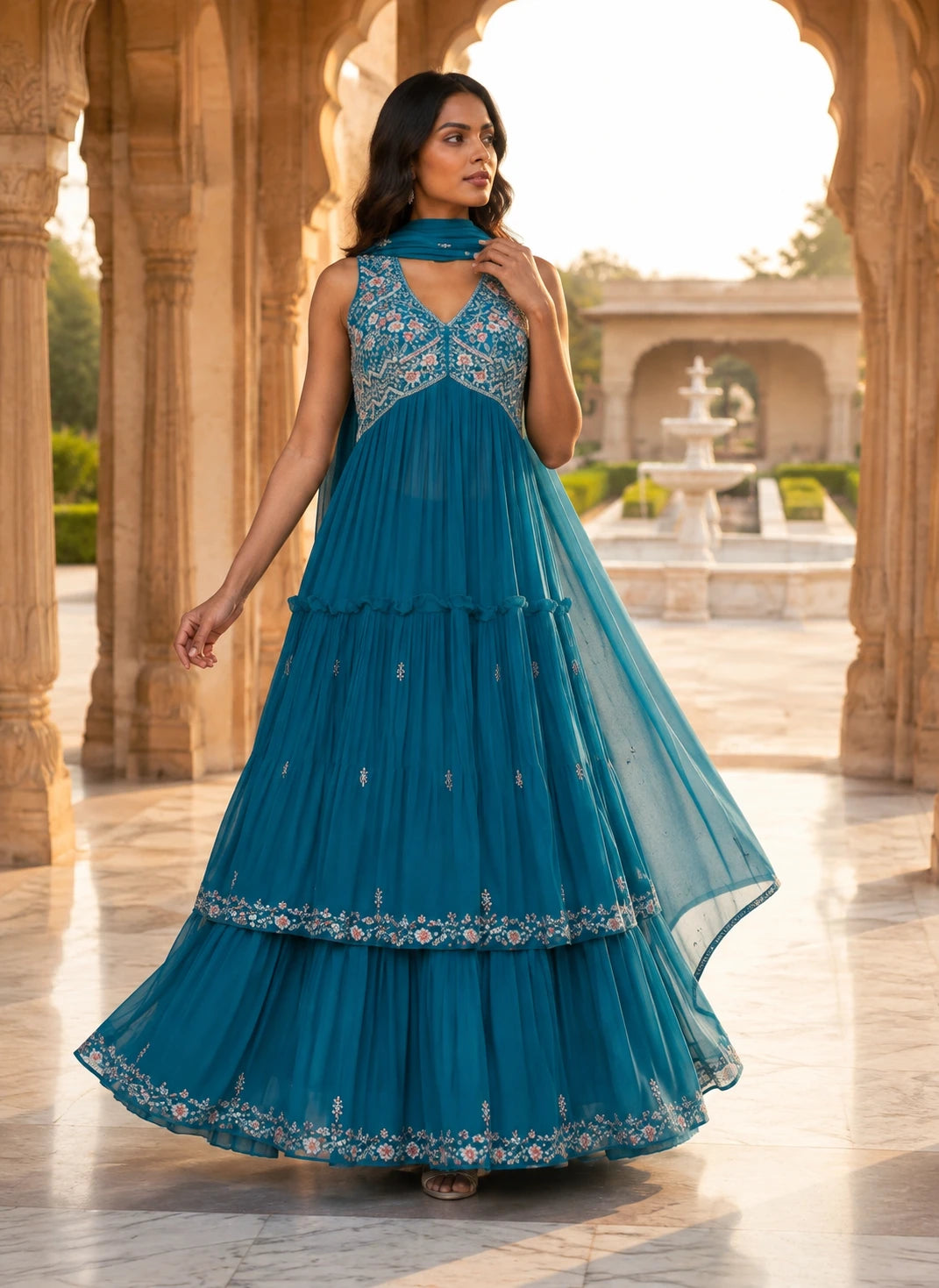 Teal Blue Embroidered Tiered Anarkali Gown