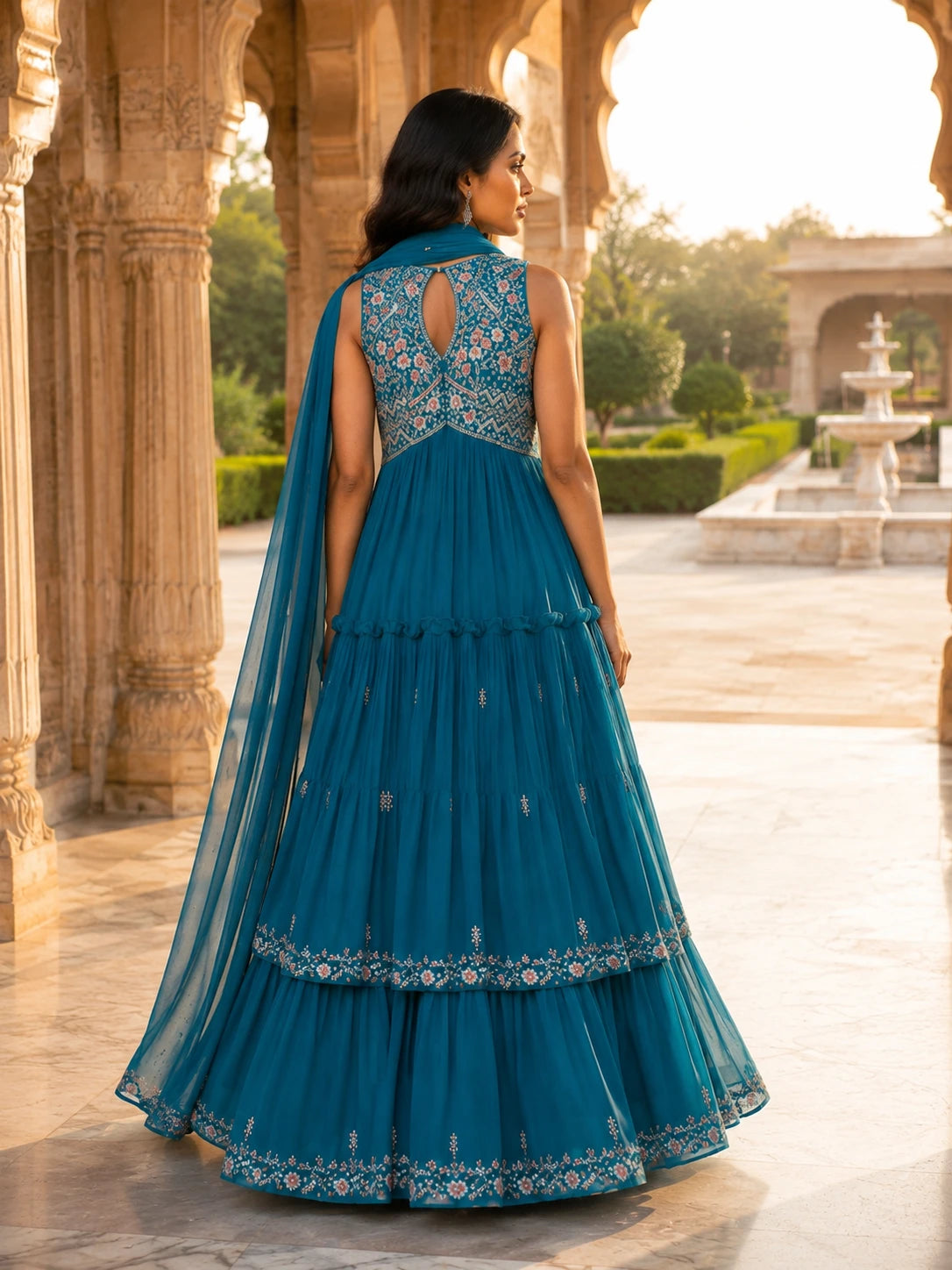 Teal Blue Embroidered Tiered Anarkali Gown