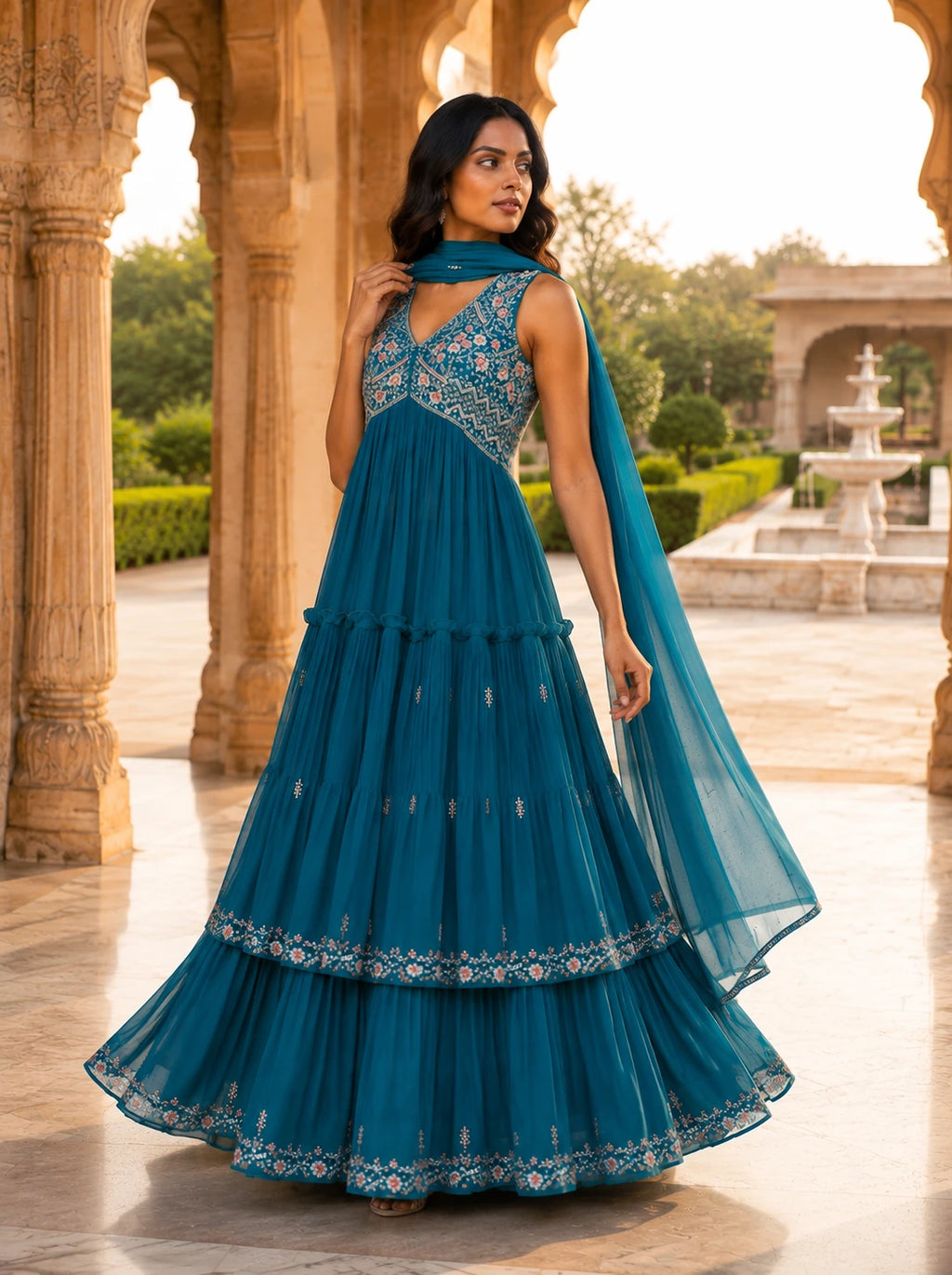 Teal Blue Embroidered Tiered Anarkali Gown