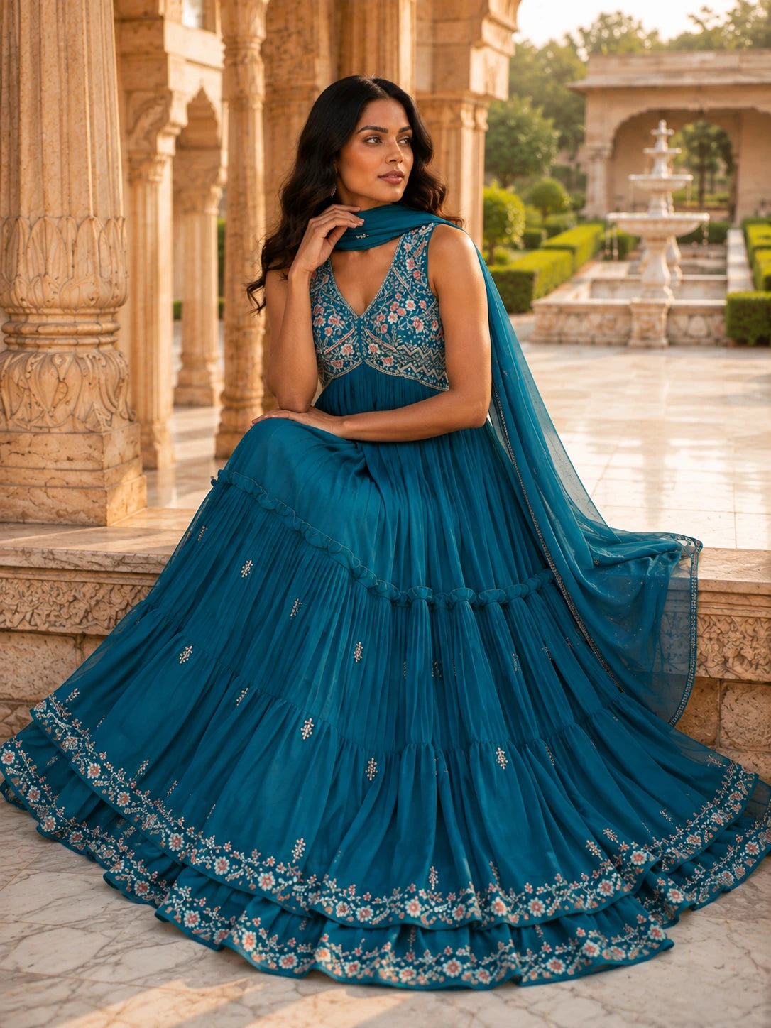 Teal Blue Embroidered Tiered Anarkali Gown