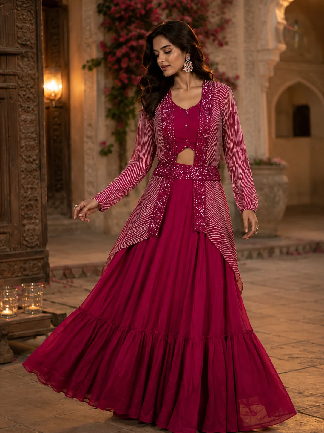 Wine Berry Ruffled Lehenga Choli Set