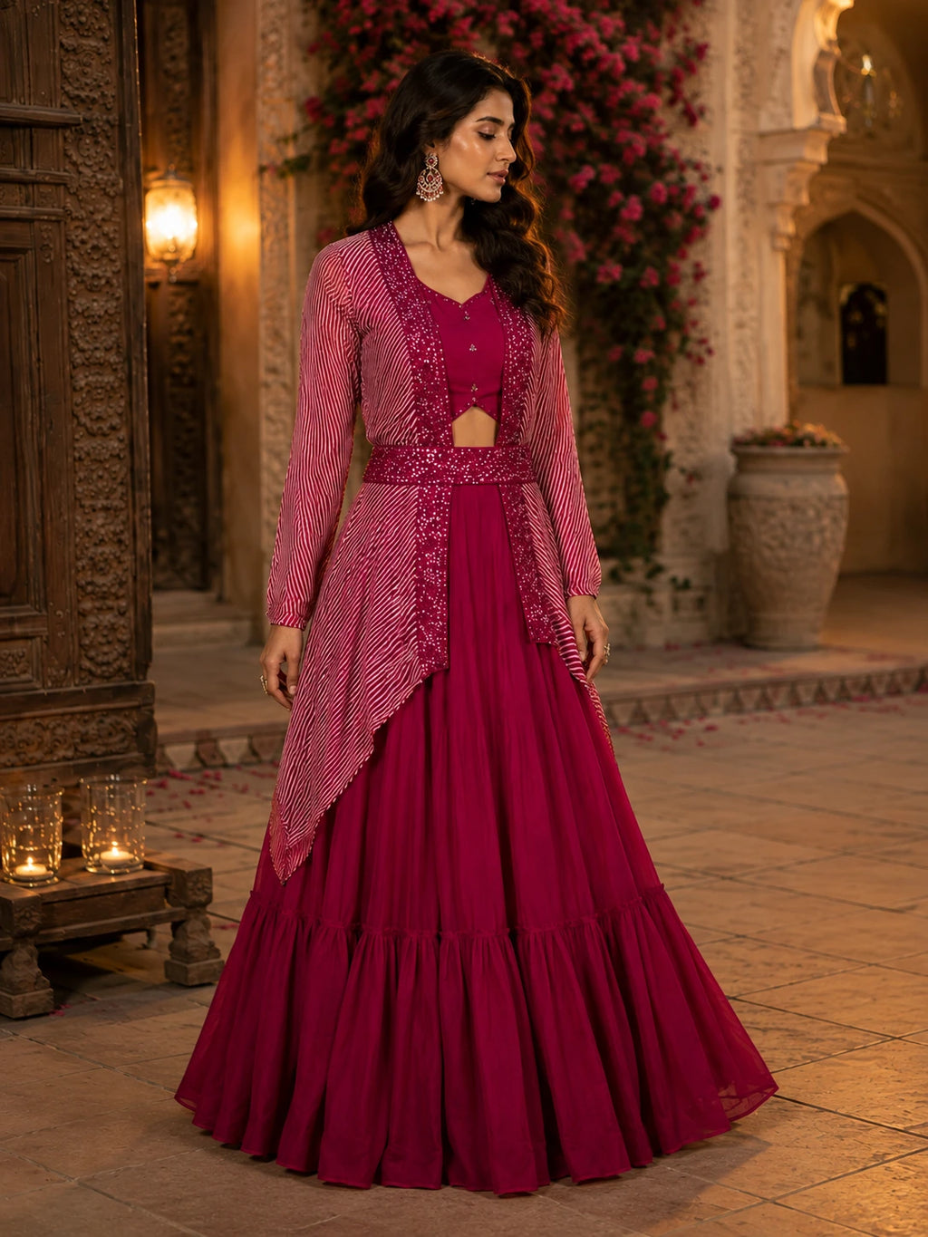 Wine Berry Ruffled Lehenga Choli Set