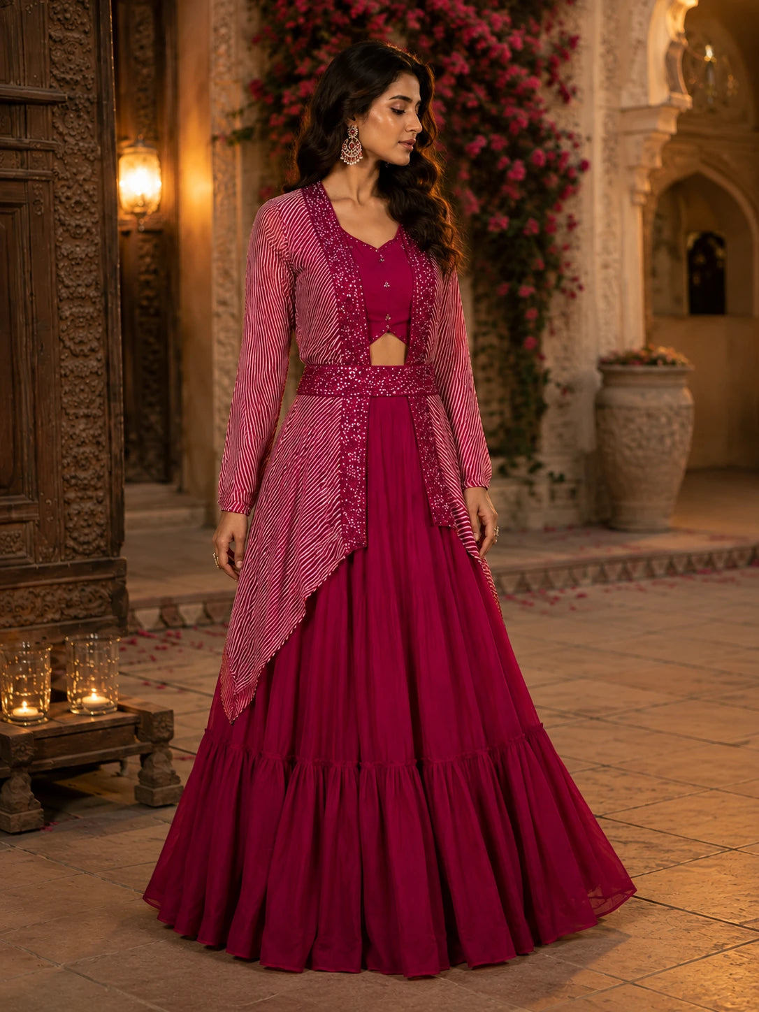 Wine Berry Ruffled Lehenga Choli Set