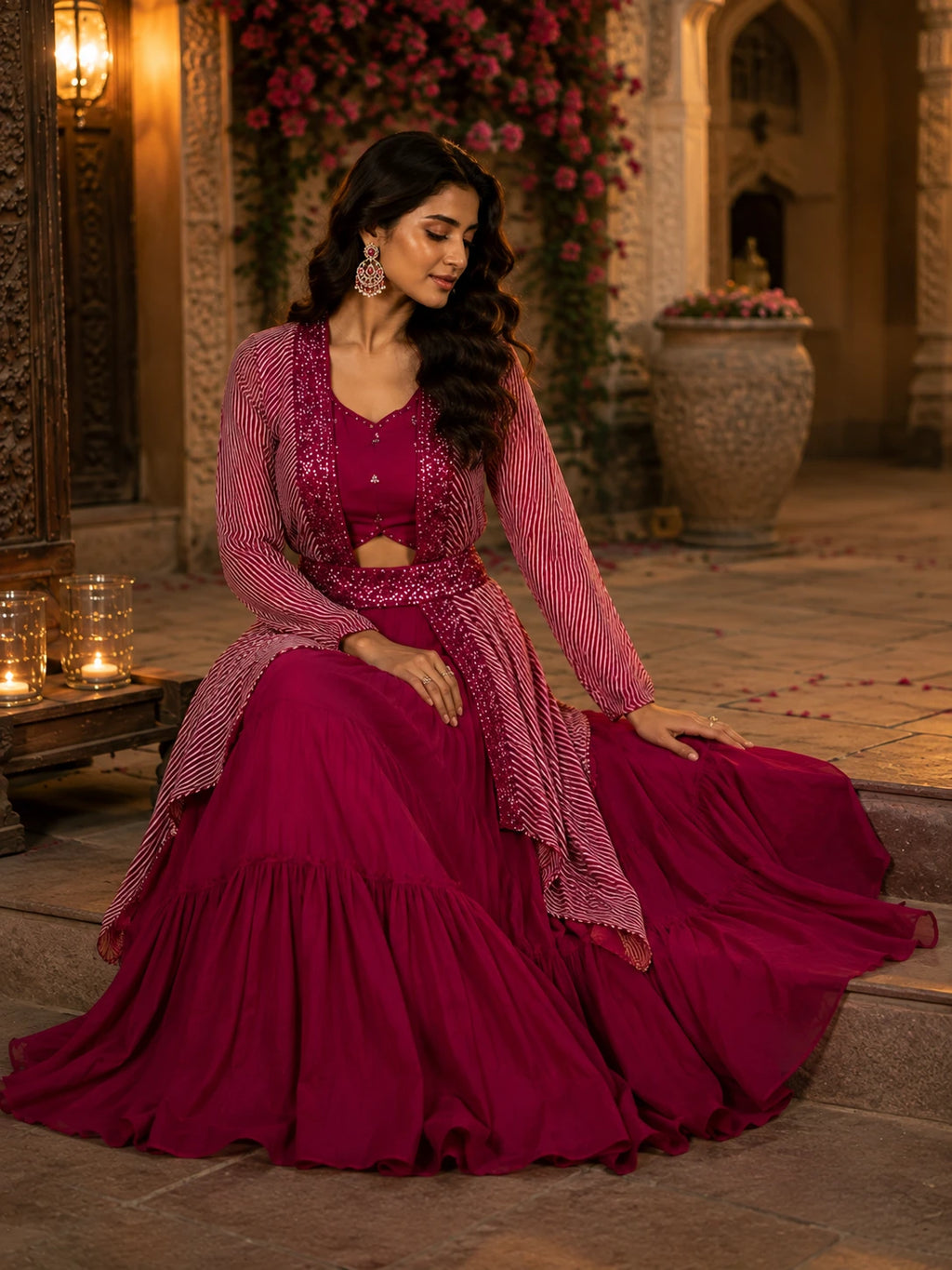 Wine Berry Ruffled Lehenga Choli Set