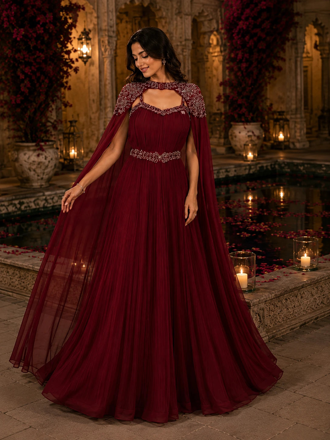 Wine Burgundy Pleated Gown with Embroidered Cape
