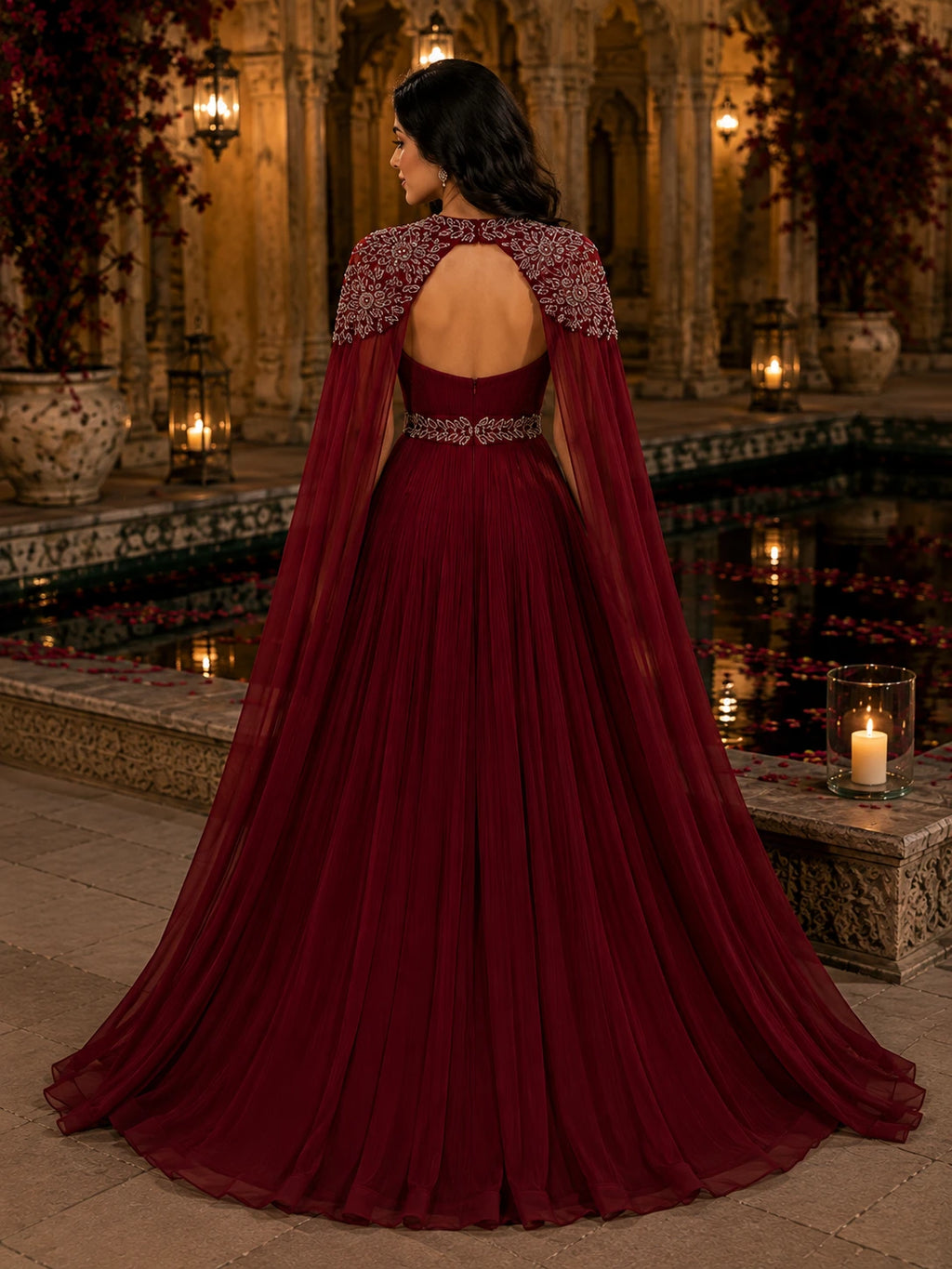 Wine Burgundy Pleated Gown with Embroidered Cape