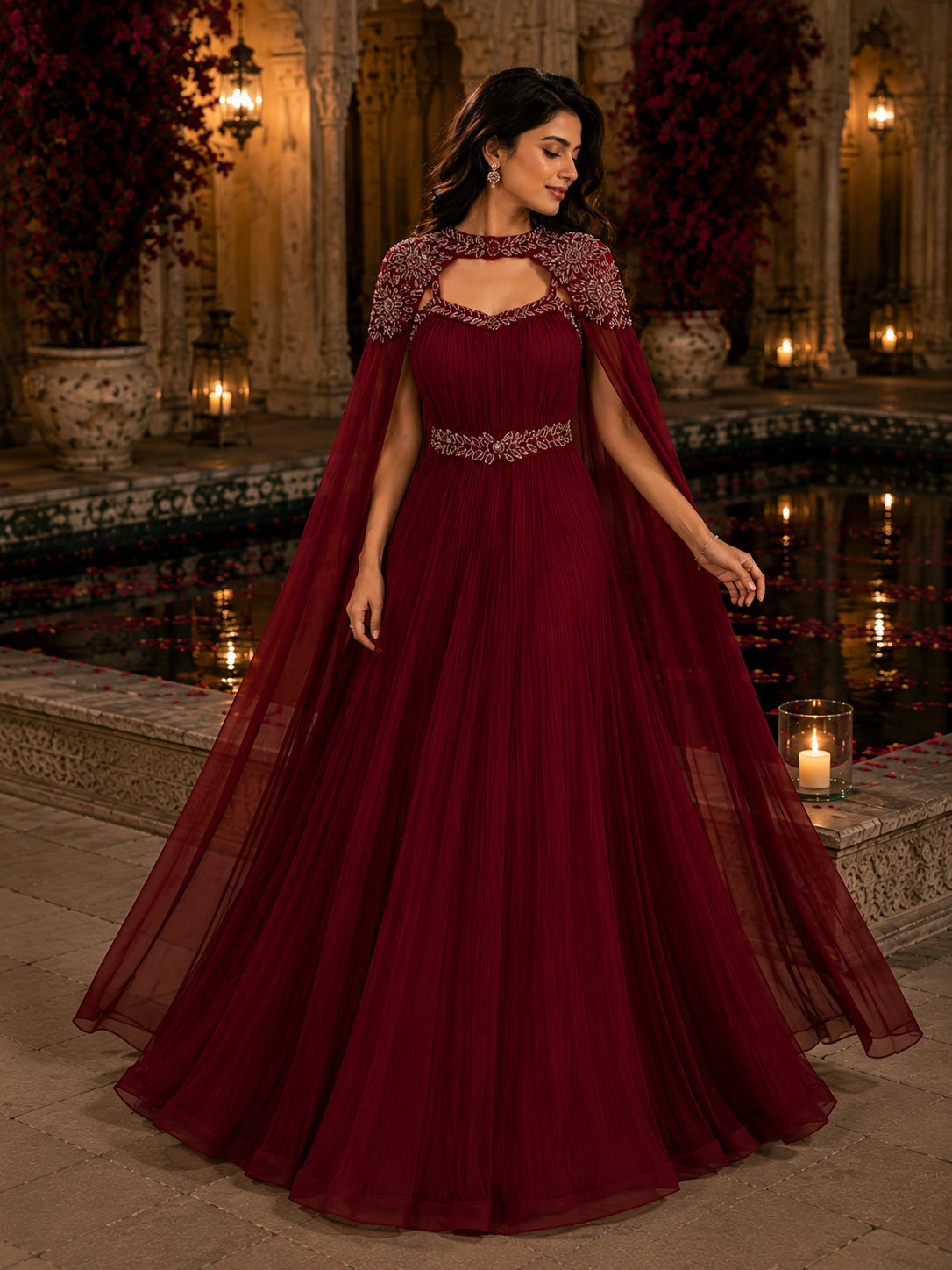 Wine Burgundy Pleated Gown with Embroidered Cape