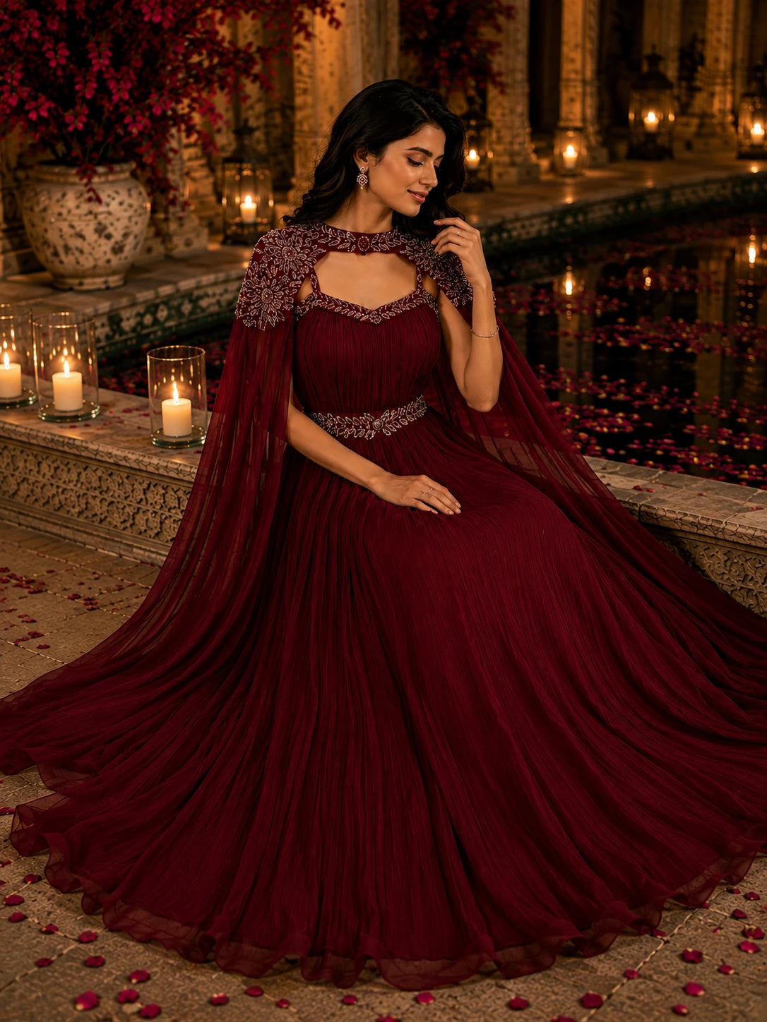Wine Burgundy Pleated Gown with Embroidered Cape