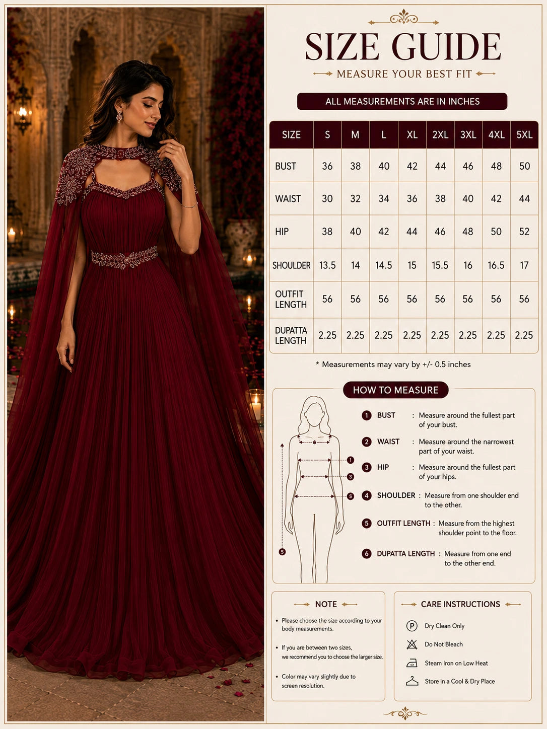 Wine Burgundy Pleated Gown with Embroidered Cape